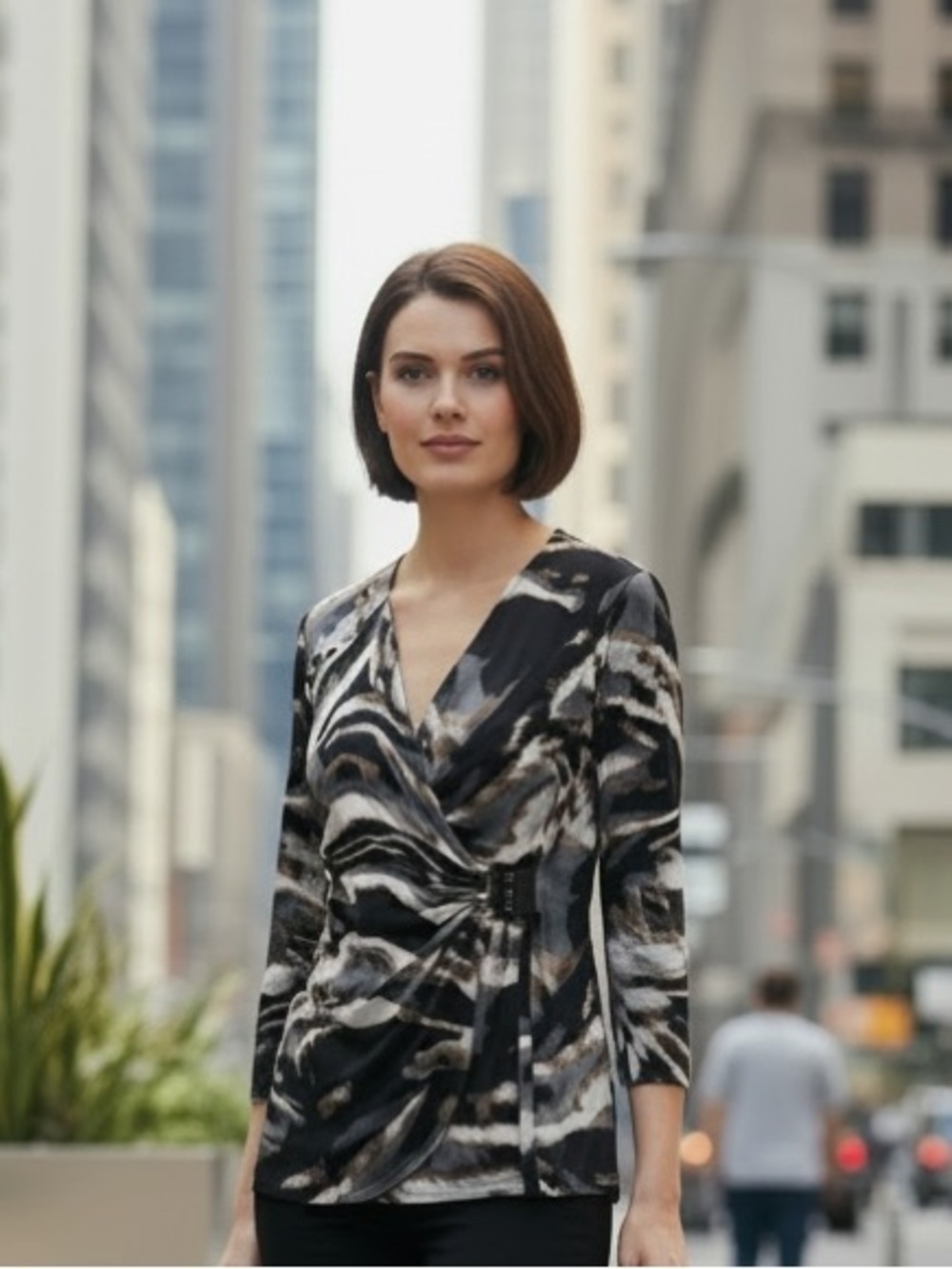 Calvin Klein Abstract Black, Gray and Brown Wrap-Front Women's Blouse